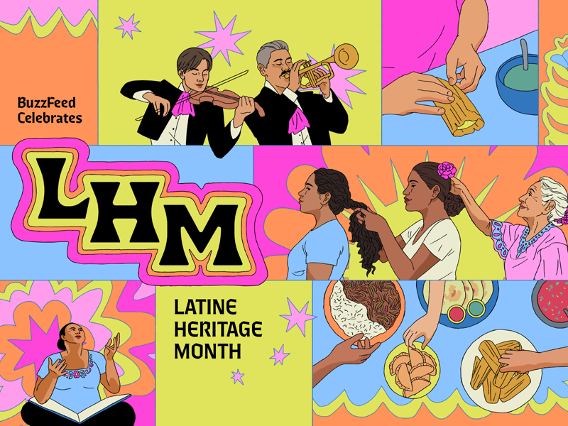 Colorful collage celebrating Latine Heritage Month featuring musicians, food, and cultural activities, with text 