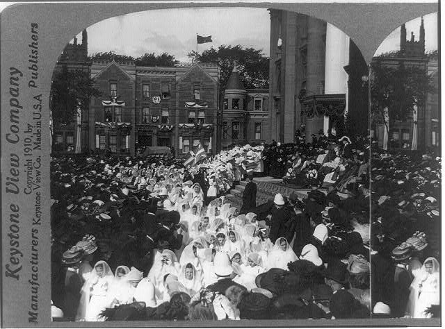 SPECIAL BLESSING. Schoolchildren in front of St. James Cathedral receive the blessing of the papal legate, Cardinal Vincenzo Vannutelli, Sept. 9, 1910, at the 21st International Eucharistic Congress in Montreal. Library of Congress