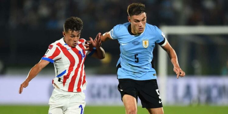 New Manchester United signing Manuel Ugarte puts in combative performance for Uruguay
