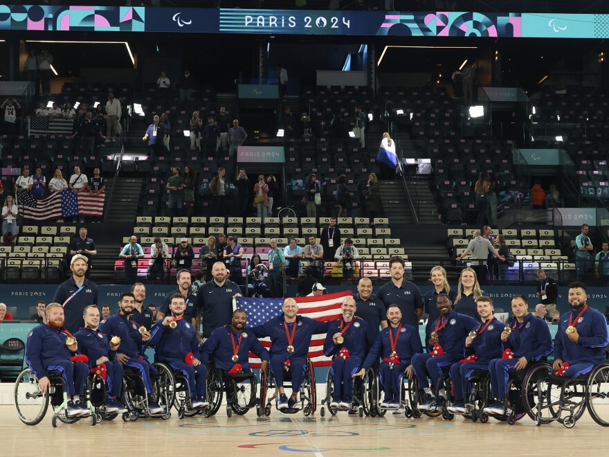 U.S. players pose with their gold medals after winning the wheelchair basketball men's gold medal match at the 2024 Paralympics on Saturday.