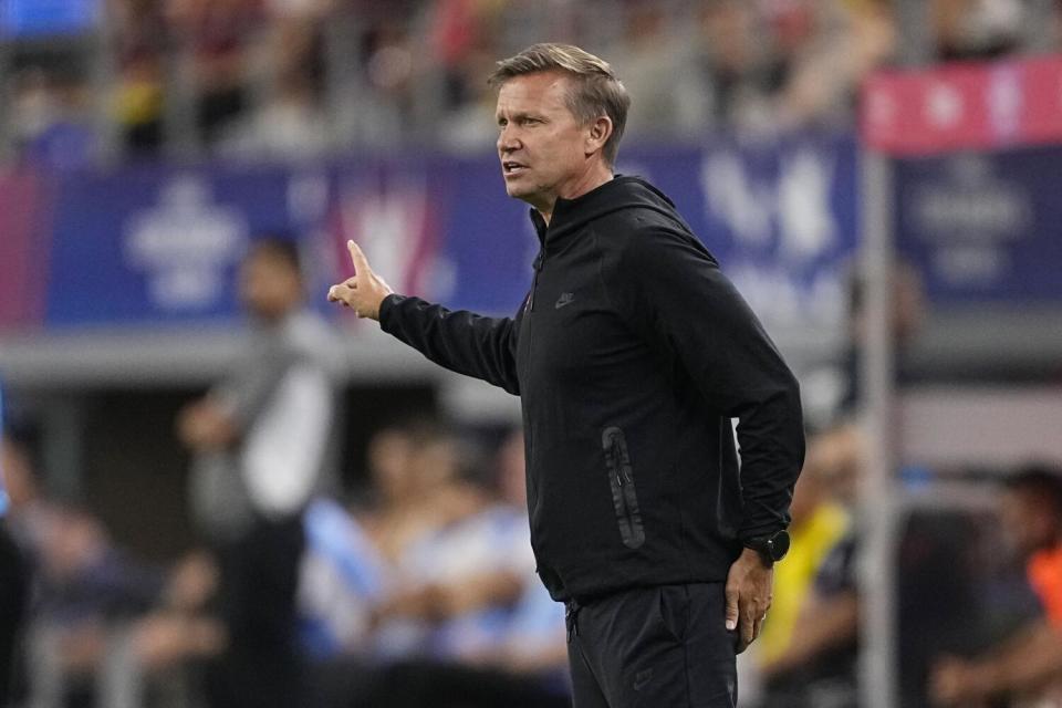 Canada coach Jesse Marsch signals to his players during a Copa América quarterfinal match against Venezuela on July 5.