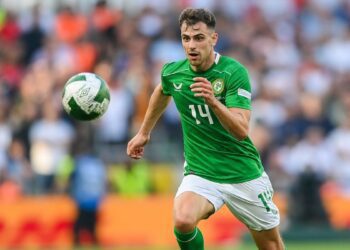 Jayson Molumby of Republic of Ireland chases the ball in the green Irish home kit in the 2024 Nations League.