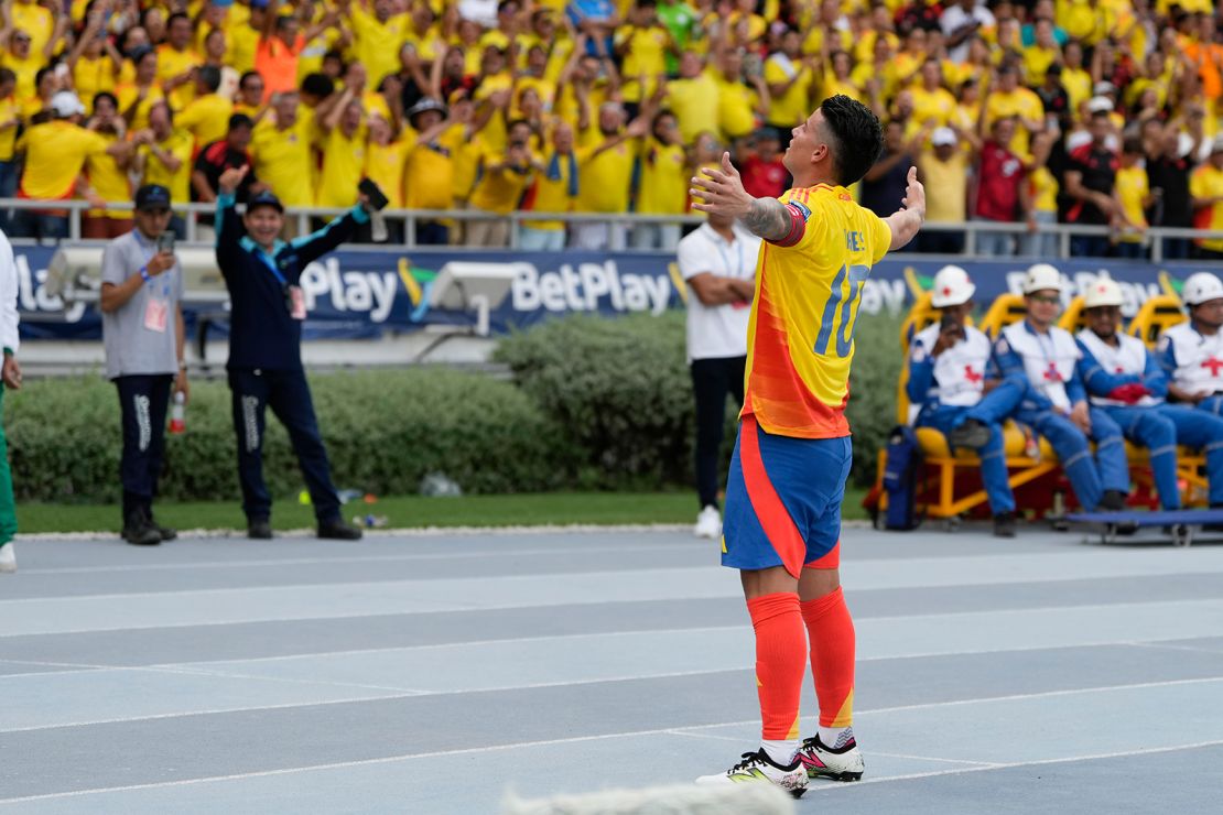 Rodríguez celebrates giving Colombia a 2-1 lead against Argentina.