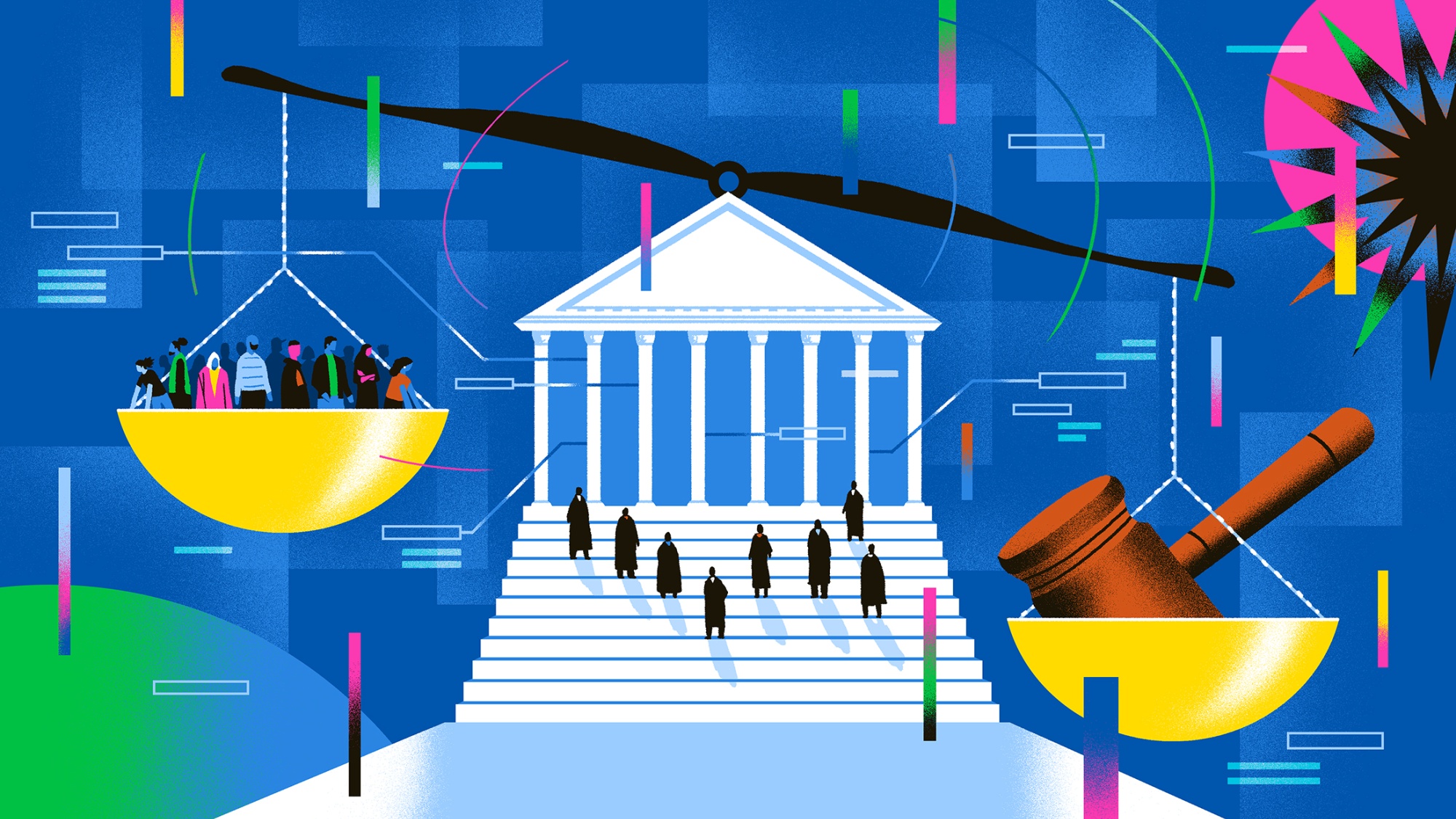 Illustration of the Supreme Court Building with nine justices standing on its steps. Above the building is a large scale. On one side of the scale is a diverse group of figures appearing to be looking down at the ground below them. On the other (lower) side of the scale is a large gavel.