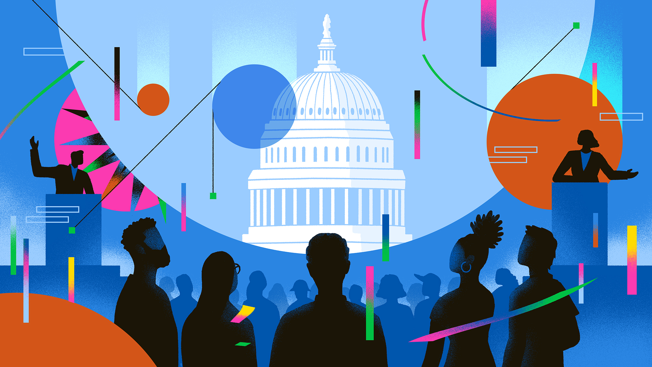 Illustration of a debate amongst figures in front of the Capitol building as a diverse crowd looks onward. The two figures appear on opposing sides of the image separated by the Capitol Building in the center of the image. The figures appear to be making hand gestures. The crowd looks up, seemingly engaged with both the figures and the view of the building beyond them.