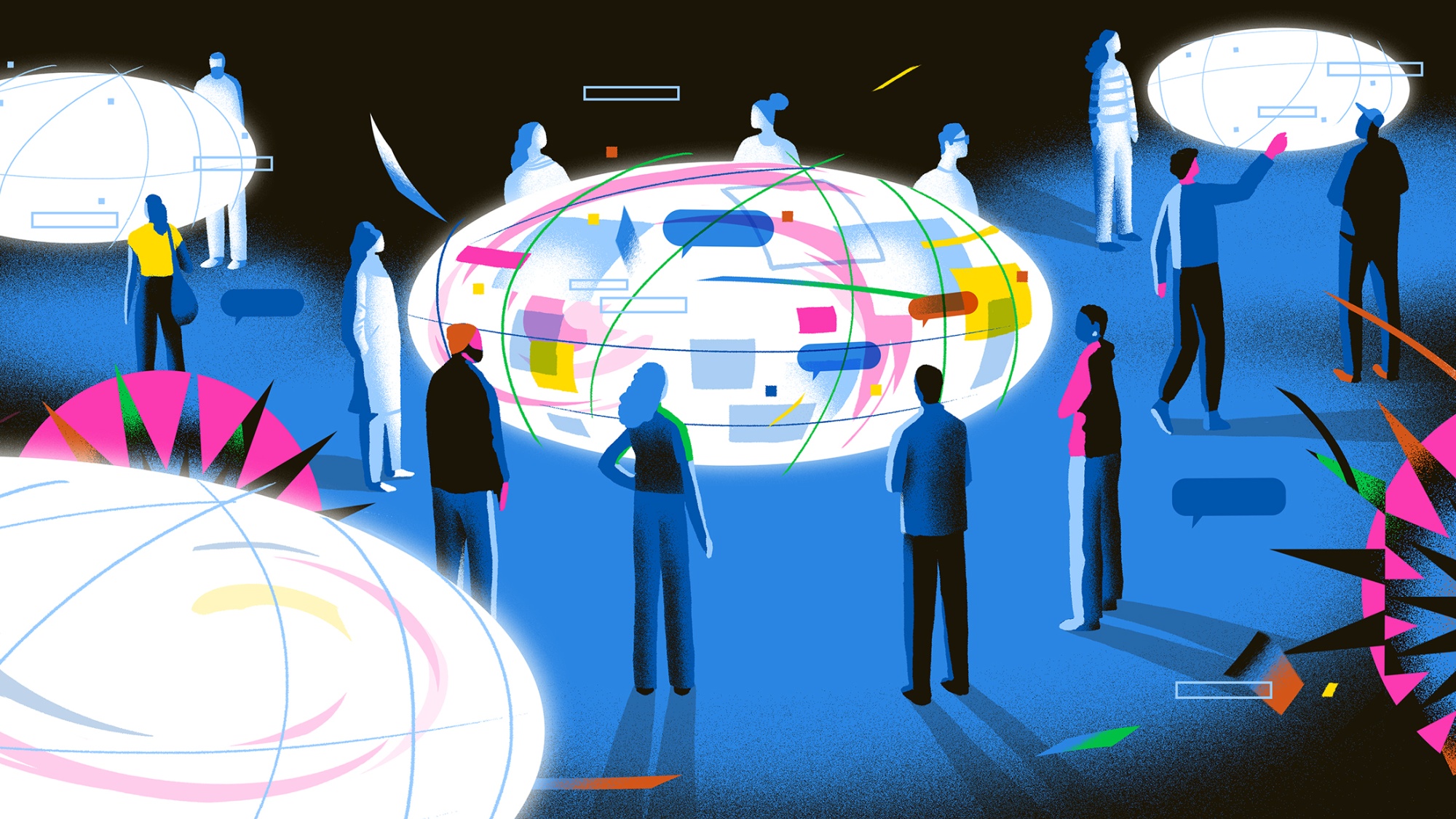 Illustration of figures gathering around four glowing orbs filled with various chat bubbles. There is one large orb in the center of the image with a much larger crowd gathered around it. However, several of the figures appear to be looking at the three smaller orbs on the outer edges of the illustration.