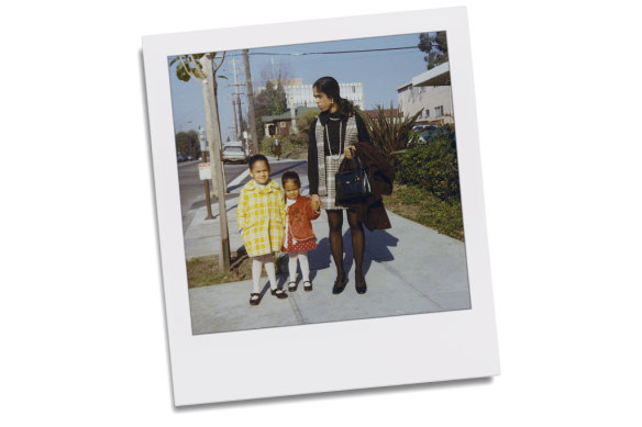 Kamala (left) with sister Maya and their mother, Shyamala, outside their apartment in Berkeley in 1970. 