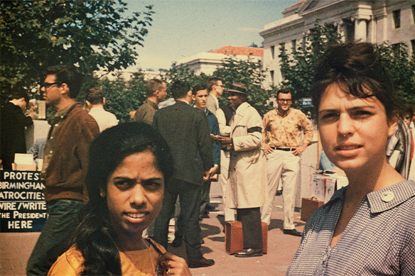 Shyamala Gopalan, left, with a friend during a civil rights protest in Berkeley.