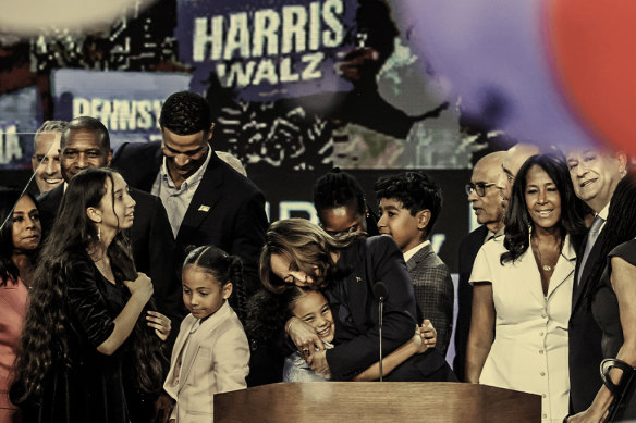 Harris hugs her grandniece Amara during the Democratic National Convention in August.