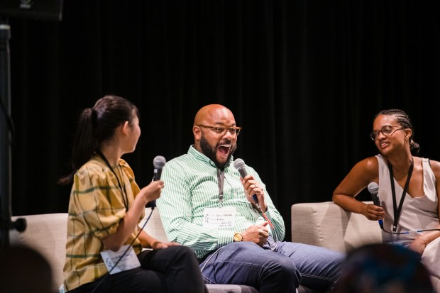 A keynote to remember: Authors Nate Marshall (center) and K-Ming Chang (left) with One World senior editor Nicole Counts at Margins in 2023. (Provide by the Word: A Storytelling Sanctuary)