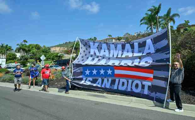 Donald Trump supporters stand along Palos Verdes Drive South after...