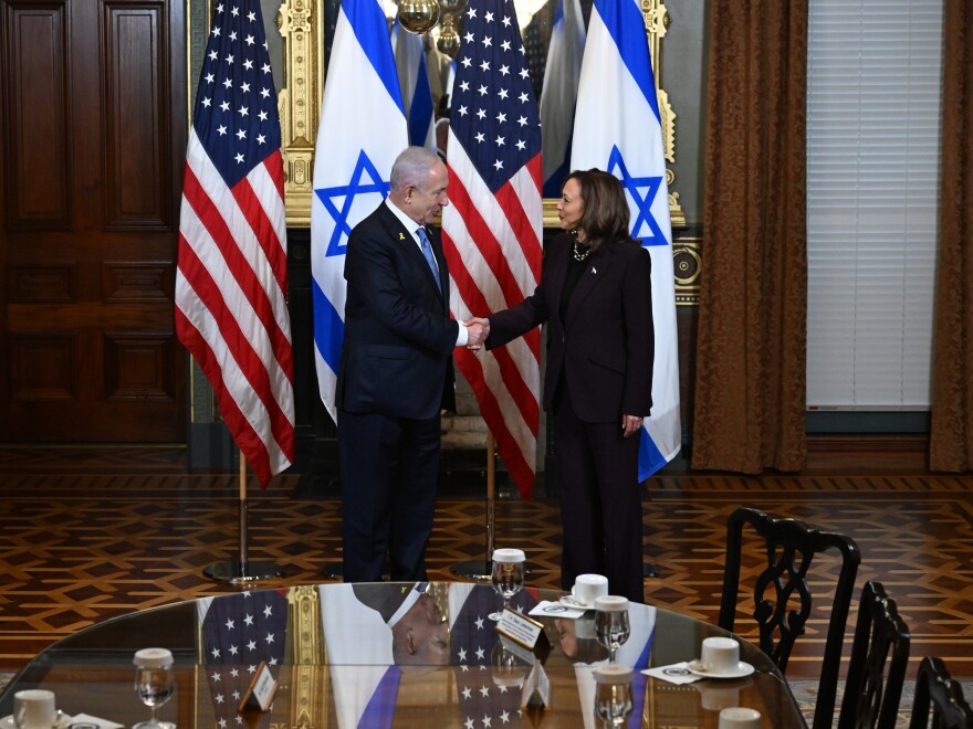 Vice President Harris and Israeli Prime Minister Benjamin Netanyahu shake hands before a meeting at the White House on July 25, 2024.