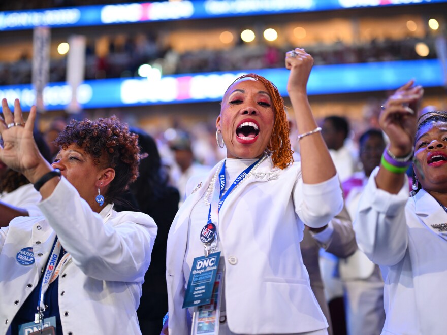 For Harris' acceptance speech at the Democratic National Convention on Aug. 22, 2024, many delegates wore white — a nod to the suffragist movement.