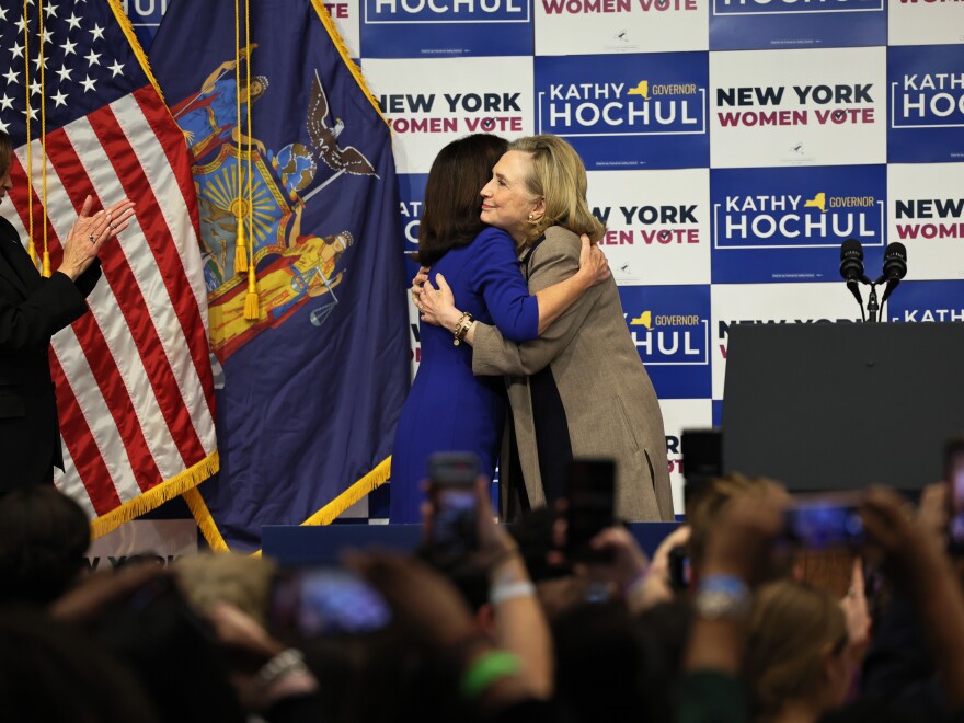 Vice President Harris and Hillary Clinton embrace at campaign event on Nov. 3, 2022 for New York Gov. Kathy Hochul and Attorney General Letitia James.