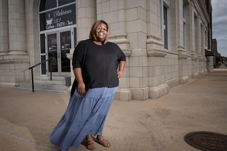 Arnetta Bradford, owner and founder of Hebrews 11:1 Coffee Shop, stands for a portrait outside her business in downtown Hope, Arkansas, on Wednesday, May 29, 2024. In Hope, Arkansas, home of former President Bill Clinton, with a population of just over 8,000 people, residents claim to still have hope and optimism for their lives and country.