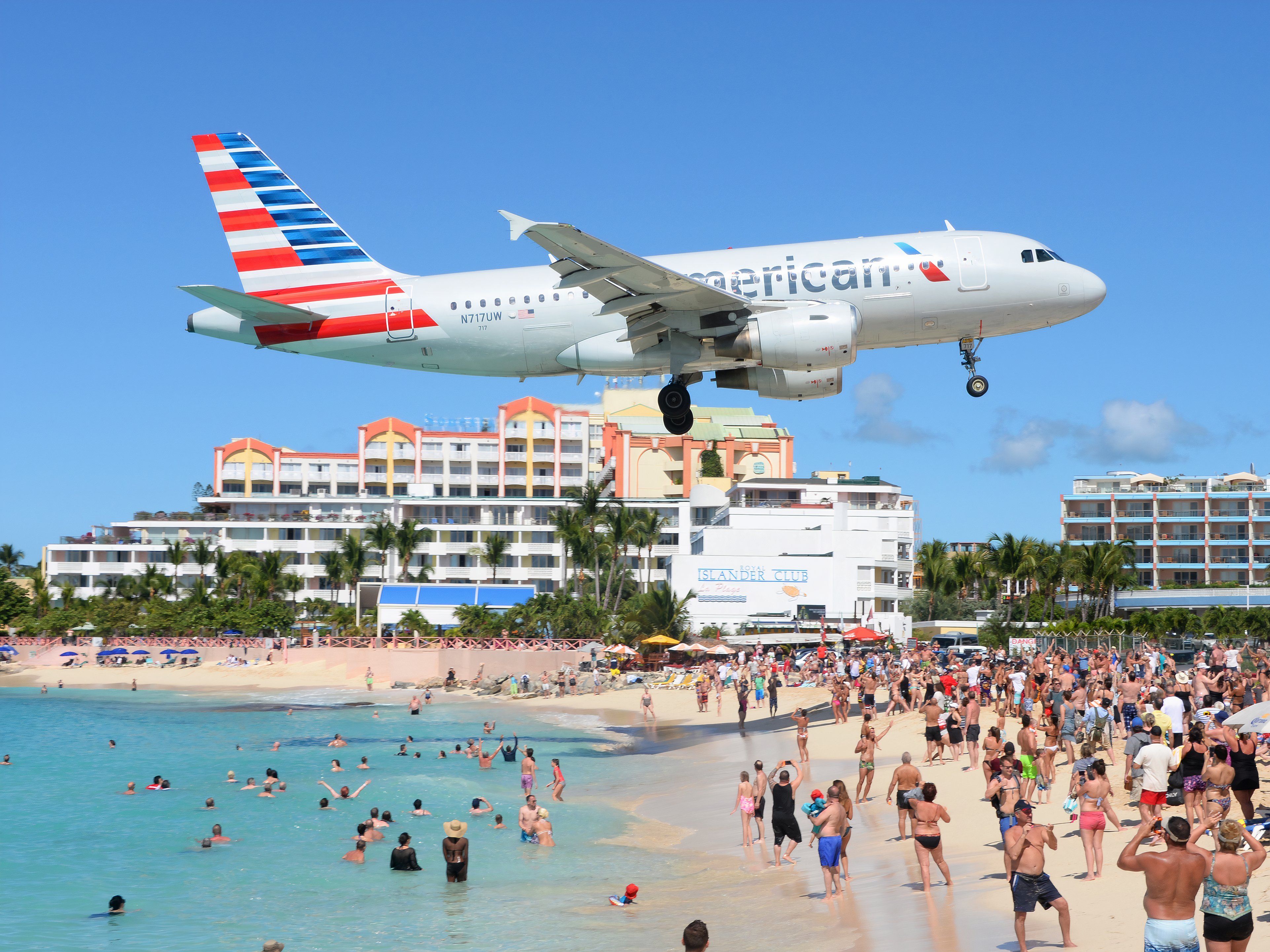 An American Airlines Plane Approaches Landing at St. Maarten