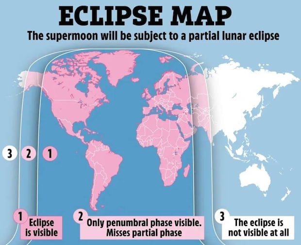 Map of the countries of the world to be able to see the partial lunar eclipse in the United States, Mexico, Spain and other countries around the world. (Photo: thsun.co.uk)