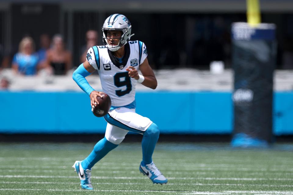 CHARLOTTE, NORTH CAROLINA - SEPTEMBER 15: Quarterback Bryce Young #9 of the Carolina Panthers scrambles from the pocket during the first half of the game at Bank of America Stadium on September 15, 2024 in Charlotte, North Carolina. (Photo by Jared C. Tilton/Getty Images)