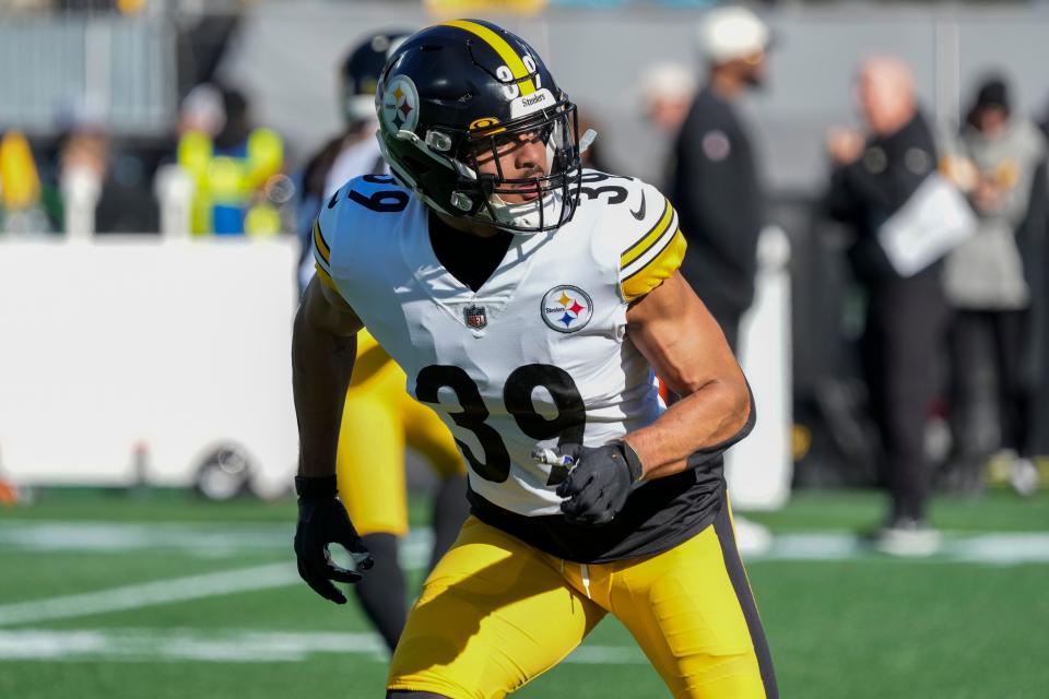 Dec 18, 2022; Charlotte, North Carolina, USA; Pittsburgh Steelers safety Minkah Fitzpatrick (39) during the first quarter against the Carolina Panthers at Bank of America Stadium. Mandatory Credit: Jim Dedmon-USA TODAY Sports