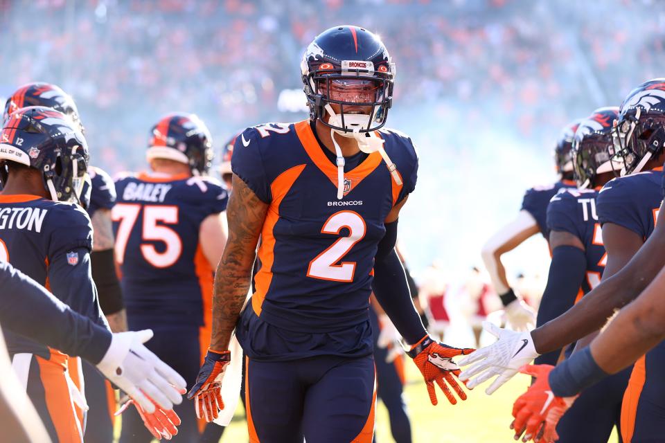 DENVER, COLORADO - DECEMBER 11: Pat Surtain II #2 of the Denver Broncos takes to the field prior to a game against the Kansas City Chiefs at Empower Field At Mile High on December 11, 2022 in Denver, Colorado. (Photo by Jamie Schwaberow/Getty Images)