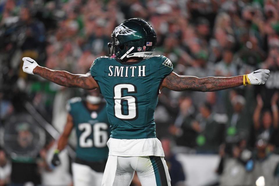 Sep 16, 2024; Philadelphia, Pennsylvania, USA; Philadelphia Eagles wide receiver DeVonta Smith (6) celebrates his touchdown catch during the second quarter against the Atlanta Falcons at Lincoln Financial Field. Mandatory Credit: Eric Hartline-Imagn Images