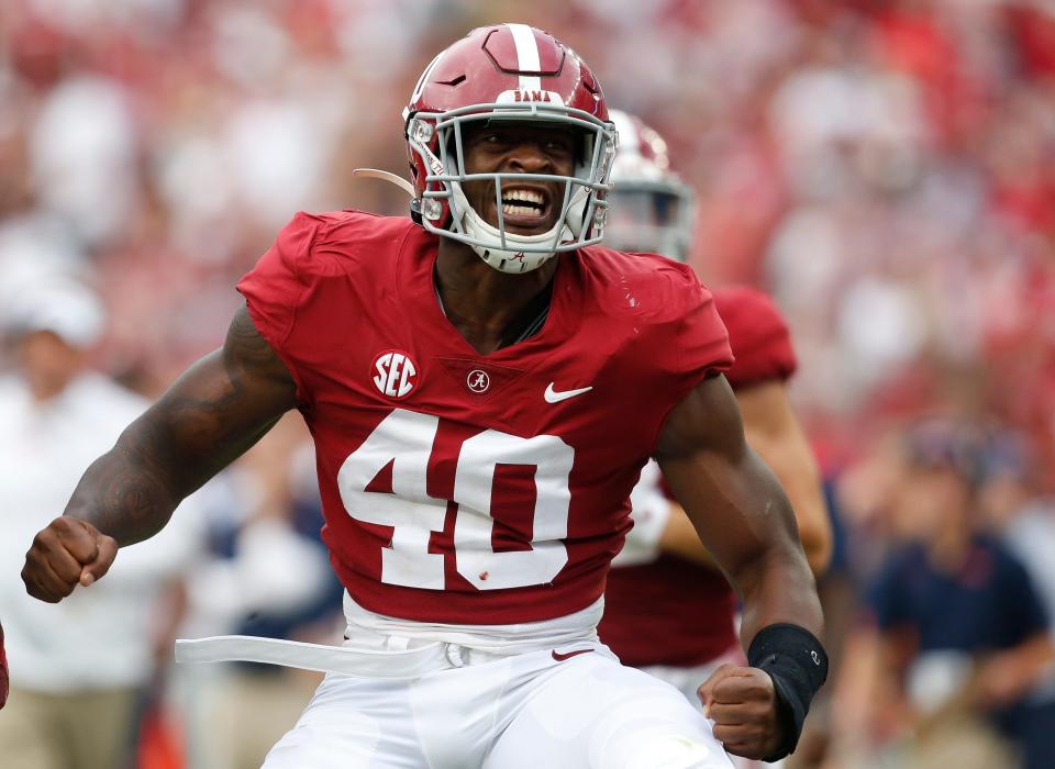 Oct 2, 2021; Tuscaloosa, Alabama, USA; Alabama linebacker Kendrick Blackshire (40) celebrates after making a big hit on an Ole Miss kick returner at Bryant-Denny Stadium. Blackshire was called for targeting. Alabama defeated Ole Miss 42-21. Mandatory Credit: Gary Cosby-USA TODAY Sports