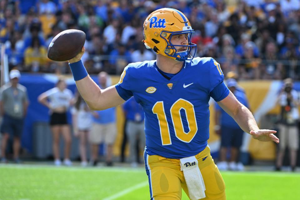 Sep 14, 2024; Pittsburgh, Pennsylvania, USA; Pittsburgh Panthers quarterback Eli Holstein (10) throws a pass against the West Virginia Mountaineers during the first quarter at Acrisure Stadium. Mandatory Credit: Barry Reeger-Imagn Images