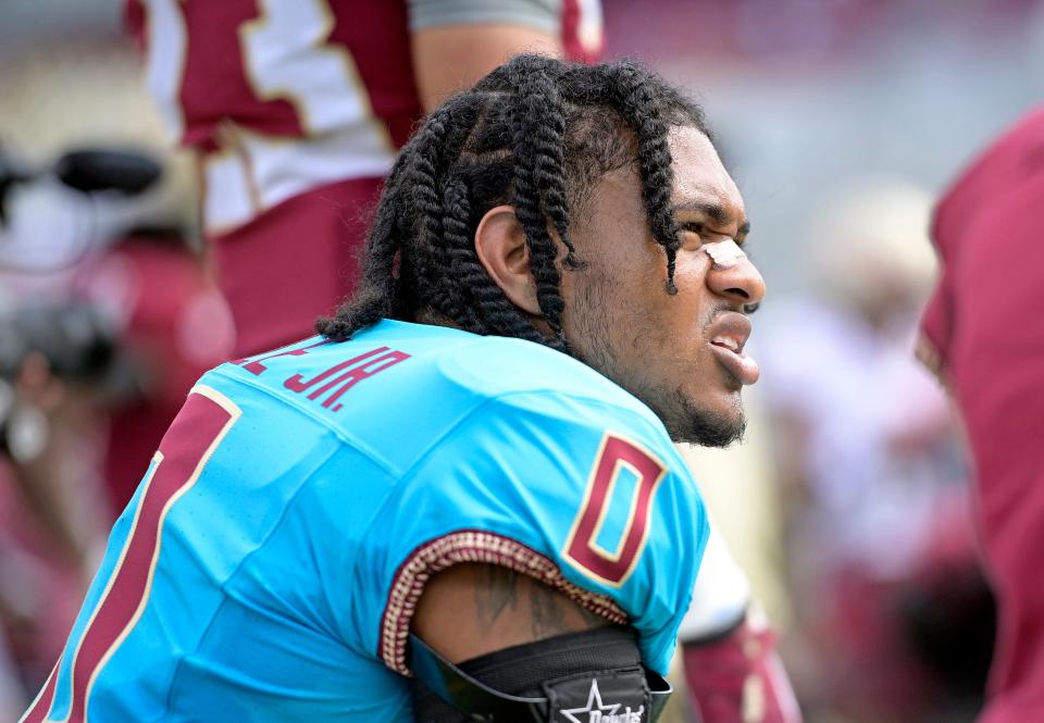 Apr 20, 2024; Tallahassee, Florida, USA; Florida State Seminoles defensive back Earl Little Jr (0) during the Spring Showcase at Doak S. Campbell Stadium. Mandatory Credit: Melina Myers-USA TODAY Sports