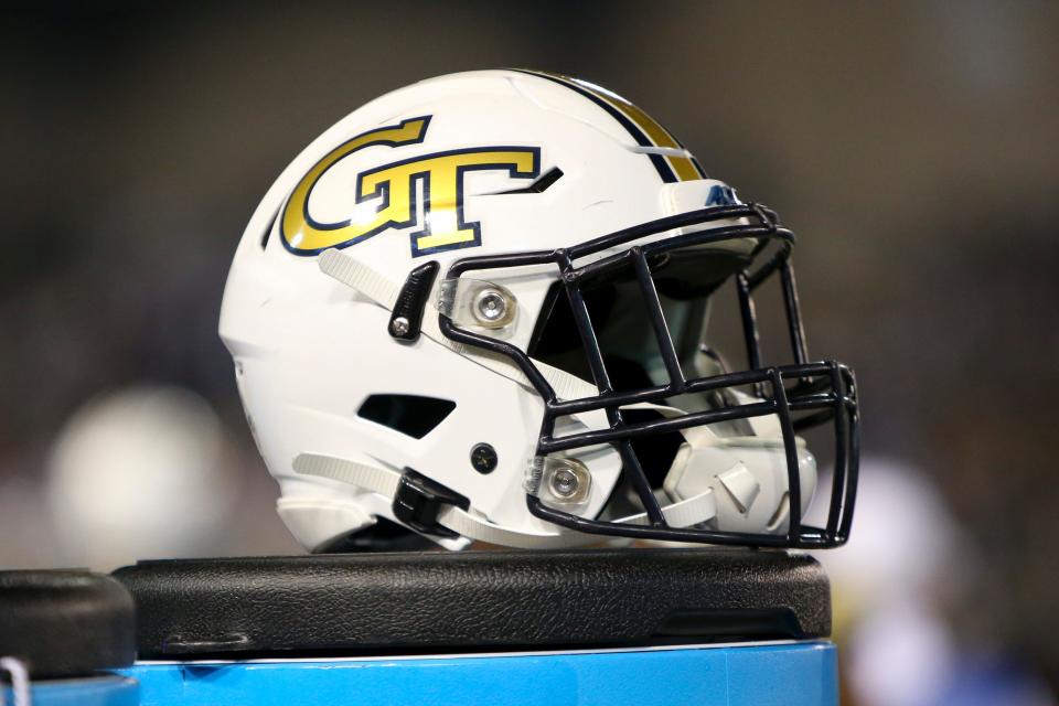 Nov 21, 2019; Atlanta, GA, USA; Georgia Tech Yellow Jackets helmet is seen on the sideline in the first half against the North Carolina State Wolfpack at Bobby Dodd Stadium. Mandatory Credit: Brett Davis-USA TODAY Sports