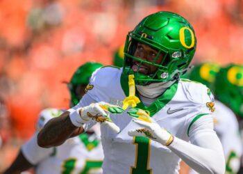 Sep 14, 2024; Corvallis, Oregon, USA; Oregon Ducks wide receiver Traeshon Holden (1) celebrates a touchdown reception during the second quarter against the Oregon State Beavers at Reser Stadium. Mandatory Credit: Craig Strobeck-Imagn Images
