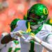 Sep 14, 2024; Corvallis, Oregon, USA; Oregon Ducks wide receiver Traeshon Holden (1) celebrates a touchdown reception during the second quarter against the Oregon State Beavers at Reser Stadium. Mandatory Credit: Craig Strobeck-Imagn Images