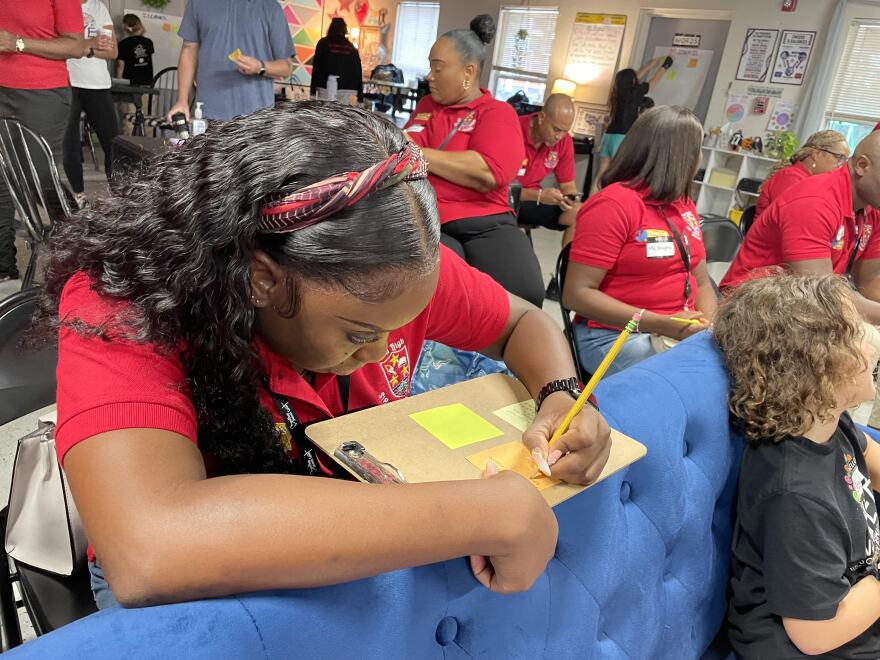 Twanda Haughton, teacher and science lead at John A. Cumber, writing down what she was inspired by over the previous few days.