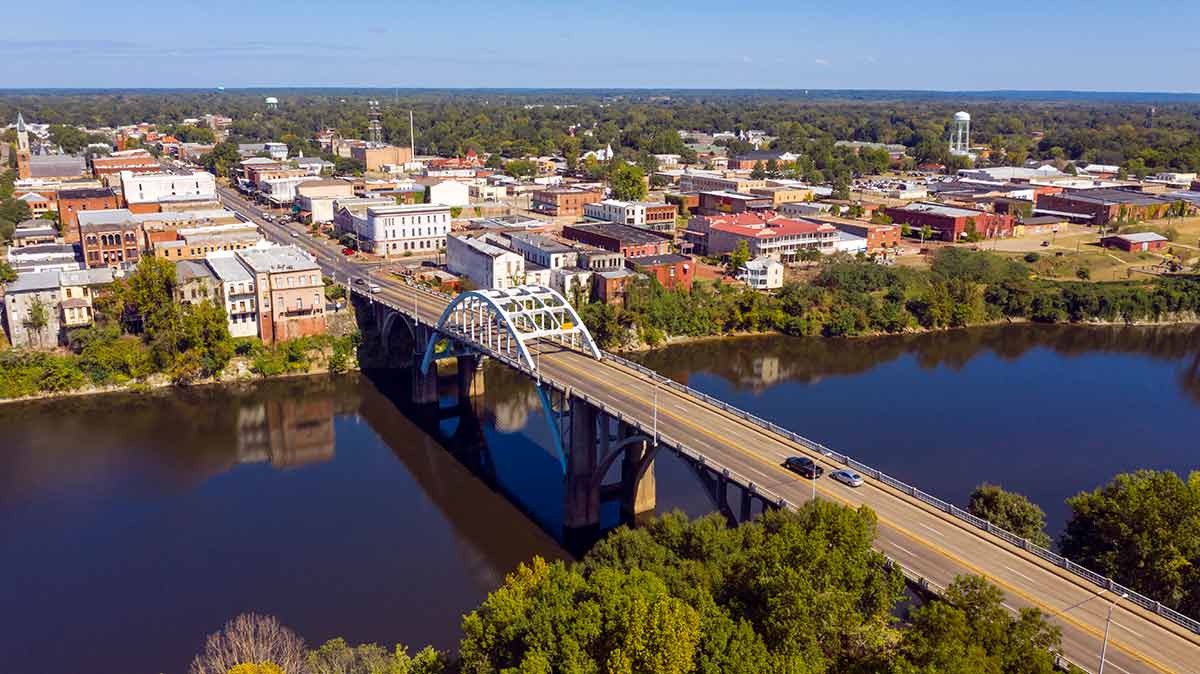 aerial view of selma, river and bridge