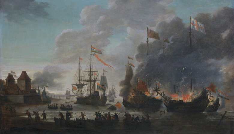 The Dutch burn the English ships, a work by Jan van Leyden