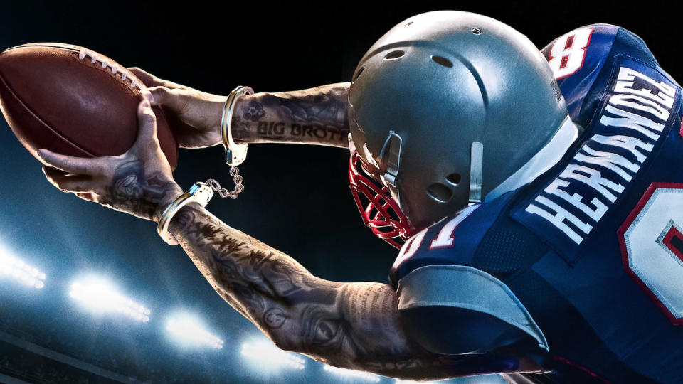 A promotional banner image for American Sports Story: Aaron Hernandez