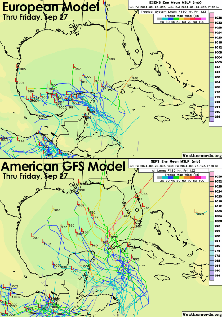 Maps showing the forecast track for a potential tropical storm through Friday, September 27, under the European model and American GFS model