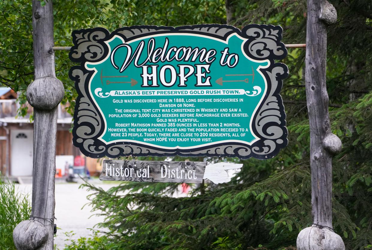 A sign welcomes visitors to Hope, Alaska, which is about a two-hour drive around the Turnagain Arm from Anchorage.