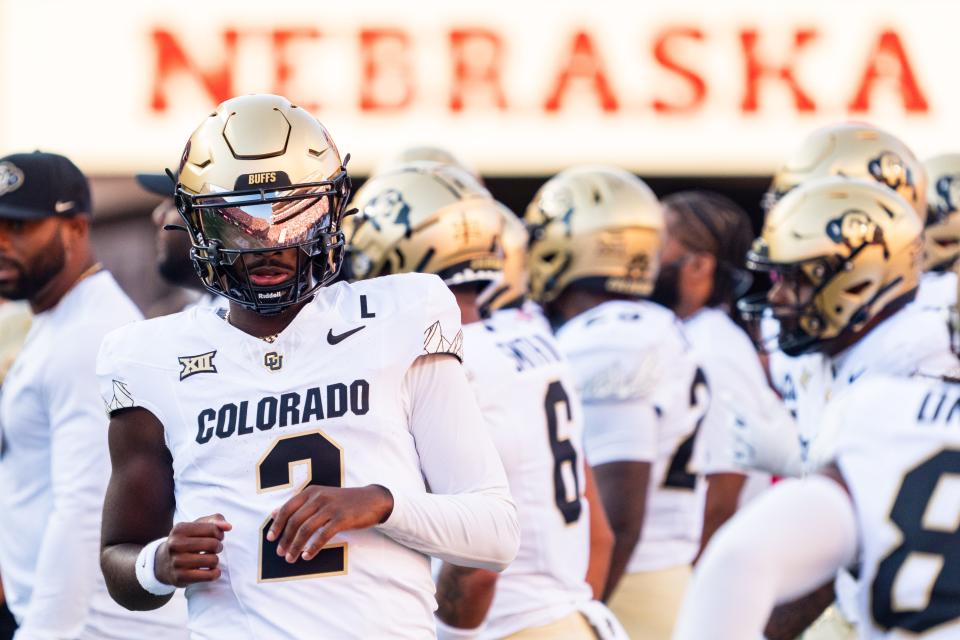 Sep 7, 2024; Lincoln, Nebraska, USA; Colorado Buffaloes quarterback Shedeur Sanders (2) warms up before the game against the Nebraska Cornhuskers at Memorial Stadium. Mandatory Credit: Dylan Widger-Imagn Images