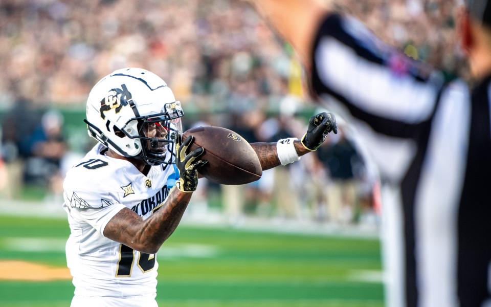 CU football wide receiver LaJohntay Wester (10) dances after catching a touchdown pass against CSU in the Rocky Mountain Showdown at Canvas Stadium on Saturday, Sept. 14, 2024, in Fort Collins, Colo.