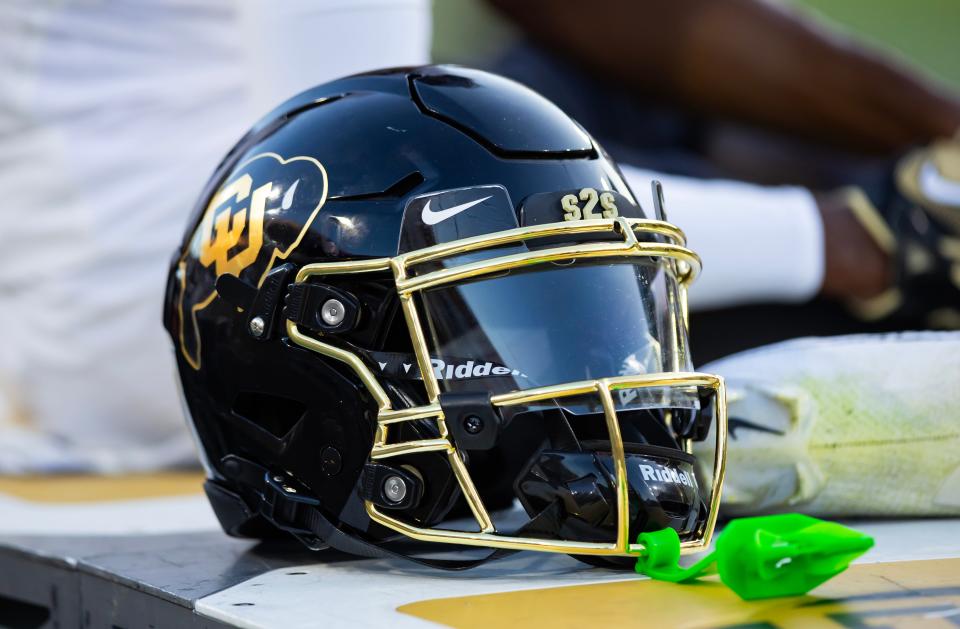 Oct 7, 2023; Tempe, Arizona, USA; Detailed view of a Colorado Buffaloes helmet at Mountain America Stadium. Mandatory Credit: Mark J. Rebilas-USA TODAY Sports