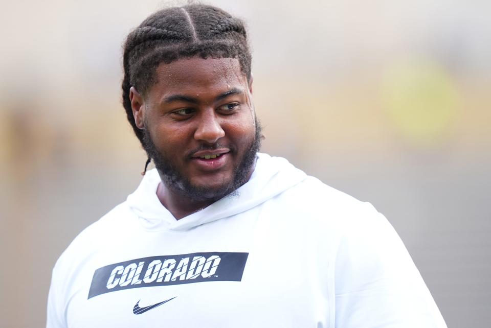 Aug 29, 2024; Boulder, Colorado, USA; Colorado Buffaloes offensive tackle Jordan Seaton (77) before the game against the North Dakota State Bison at Folsom Field. Mandatory Credit: Ron Chenoy-USA TODAY Sports