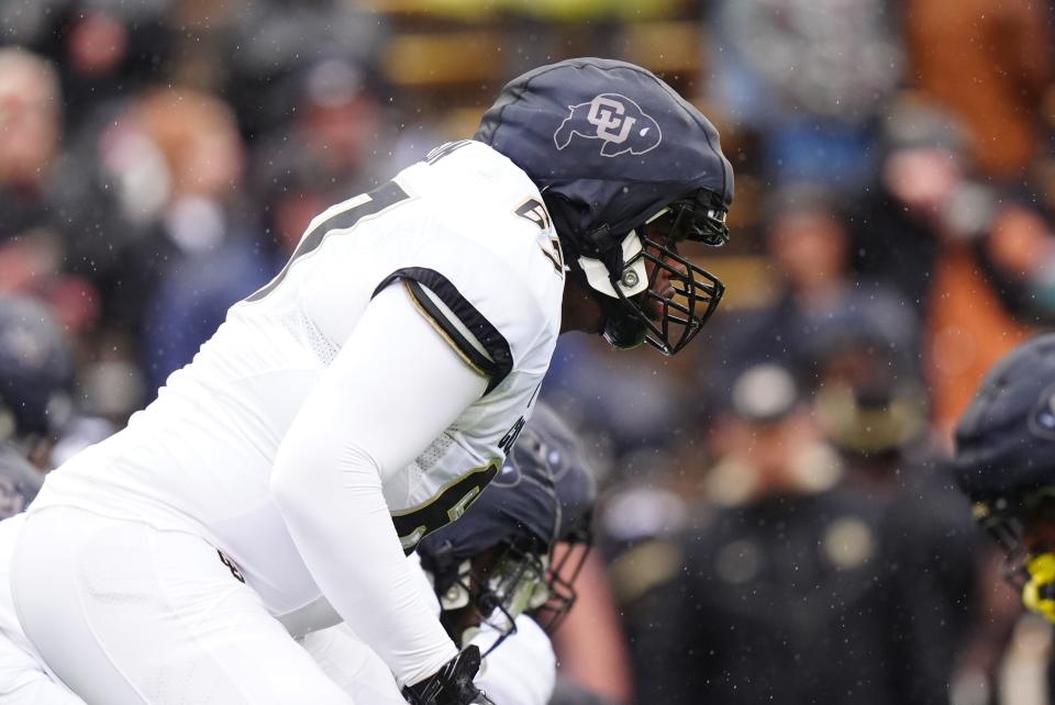 Apr 27, 2024; Boulder, CO, USA; Colorado Buffaloes offensive lineman Kahlil Benson (67) during a spring game event at Folsom Field. Mandatory Credit: Ron Chenoy-USA TODAY Sports