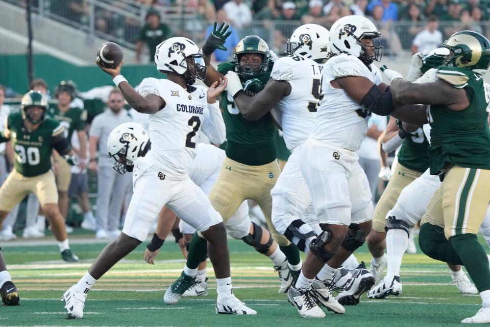 Sep 14, 2024; Fort Collins, Colorado, USA; Colorado Buffaloes quarterback Shedeur Sanders (2) shows a pass at Sonny Lubick Field at Canvas Stadium. Mandatory Credit: Michael Madrid-Imagn Images