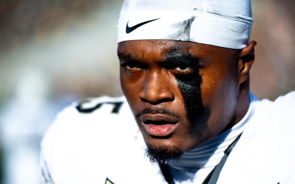 CU football defensive end B.J. Green walks back into the tunnell before the game against CSU in the Rocky Mountain Showdown at Canvas Stadium on Saturday, Sept. 14, 2024, in Fort Collins, Colo.