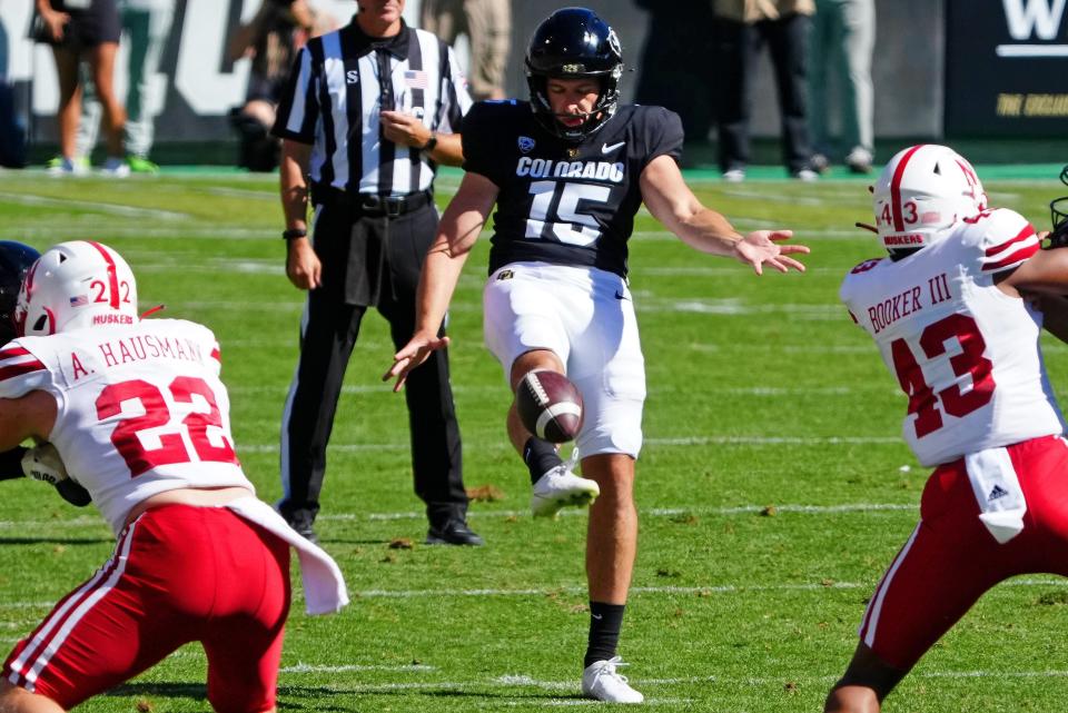 Sept. 9, 2023; Boulder, Colorado, USA; Colorado Buffaloes punter Mark Vassett (15) punts the ball against the Nebraska Cornhuskers in the first quarter at Folsom Field. Mandatory Credit: Ron Chenoy-USA TODAY Sports