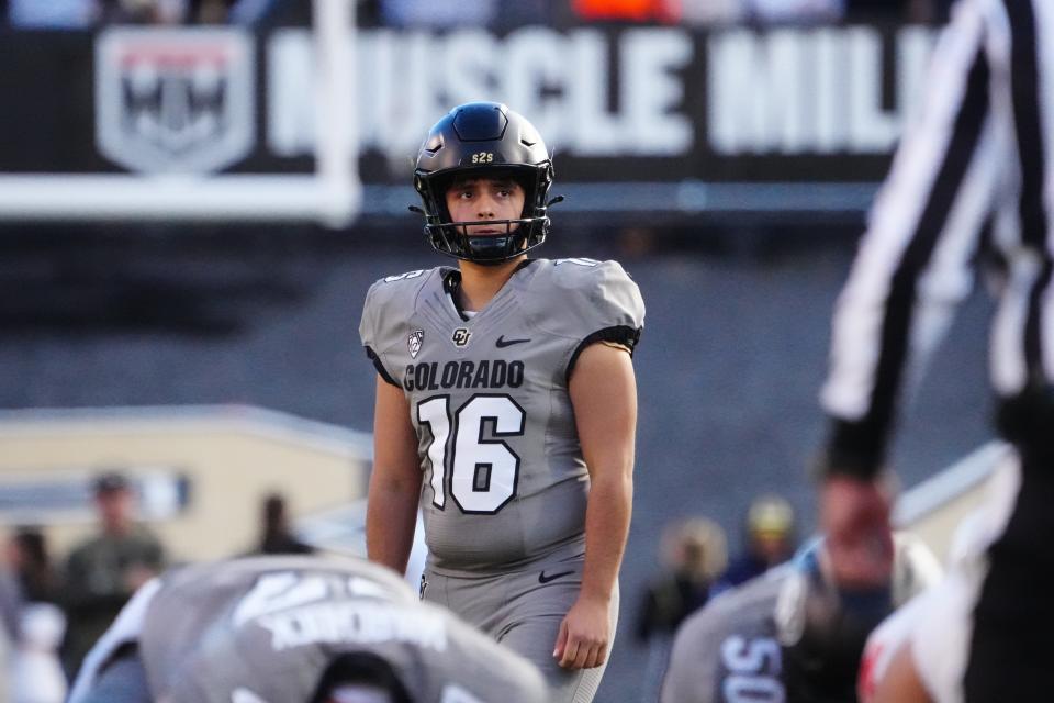 Nov 11, 2023; Boulder, Colorado, USA; Colorado Buffaloes place kicker Alejandro Mata (16) linesup a fourth quarter field goal against the Arizona Wildcats at Folsom Field. Mandatory Credit: Ron Chenoy-USA TODAY Sports