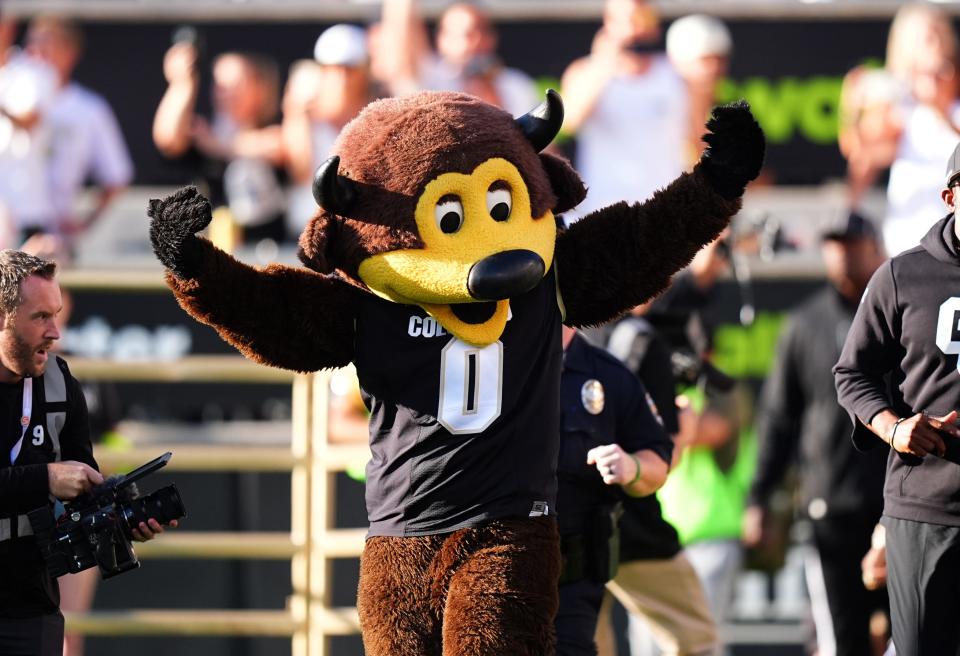 Aug 29, 2024; Boulder, Colorado, USA; Colorado Buffaloes mascot Chip runs onto Folsom Field before the game against the North Dakota State Bison. Mandatory Credit: Ron Chenoy-USA TODAY Sports