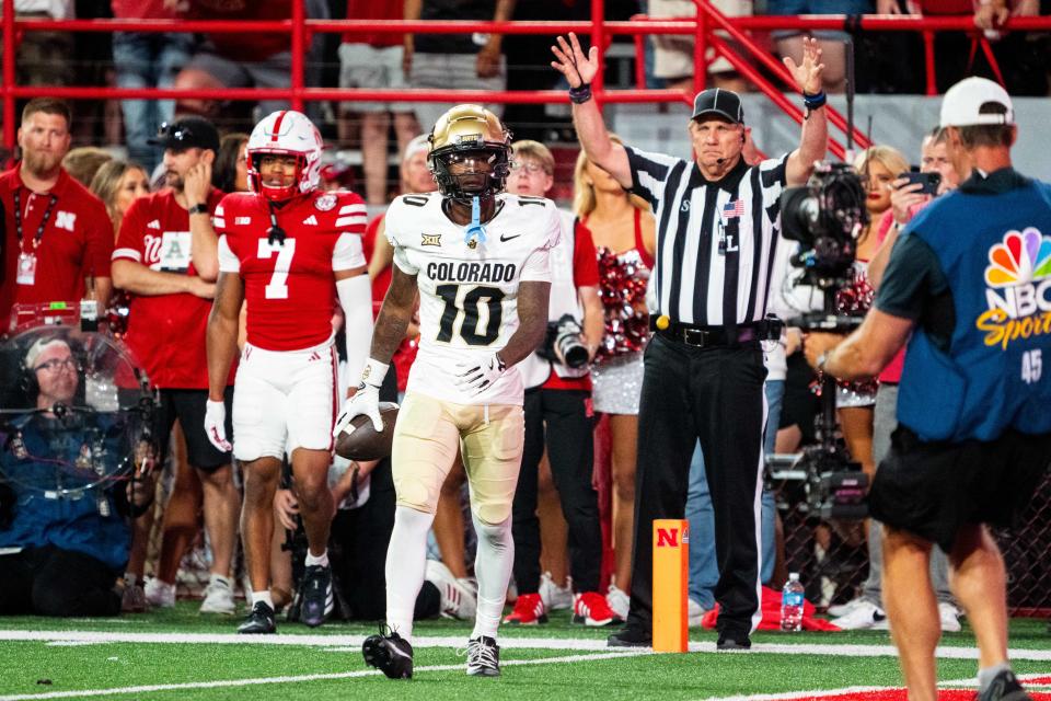 Sep 7, 2024; Lincoln, Nebraska, USA; Colorado Buffaloes wide receiver LaJohntay Wester (10) walks off after scoring a touchdown against the Nebraska Cornhuskers during the fourth quarter at Memorial Stadium. Mandatory Credit: Dylan Widger-Imagn Images