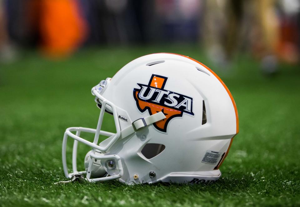 Oct 21, 2017; San Antonio, TX, USA; UTSA Roadrunners helmet on the turf after winning 20-7 against the Rice Owls. Mandatory Credit: John Gutierrez-USA TODAY Sports