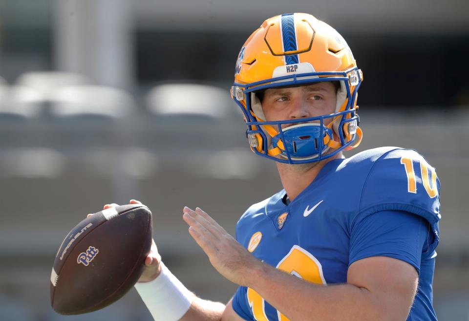 Sep 21, 2024; Pittsburgh, Pennsylvania, USA; Pittsburgh Panthers quarterback Eli Holstein (10) warms up before a game against the Youngstown State Penguins at Acrisure Stadium. Mandatory Credit: Charles LeClaire-Imagn Images